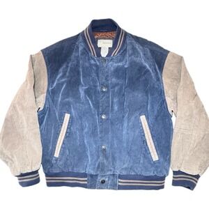 Vintage Basic Equipment Suede Leather Varsity Bomber Jacket 90s Men L Blue Tan